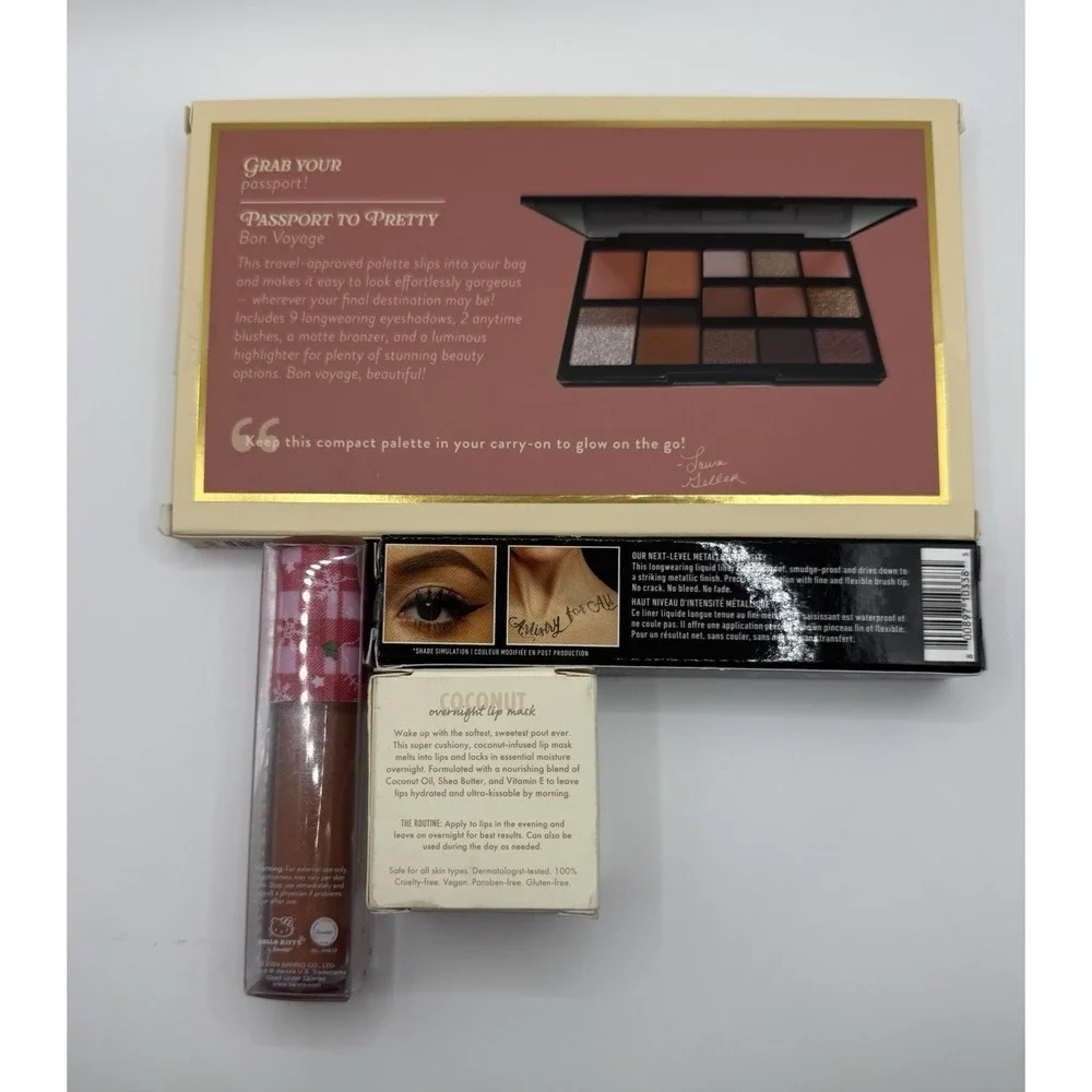 Laura Geller Face Palette, NYX Eyeliner,Fourth Ray Lip Mask, Crème X Hello Kitty